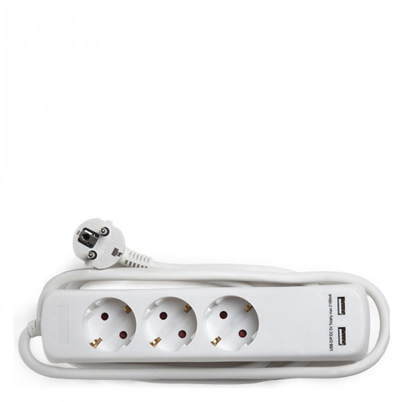 Enchufe 3X Toma de Corriente + 2X Usb Cargador 2100 Ma 5V IP20 Blanco - Imagen 1