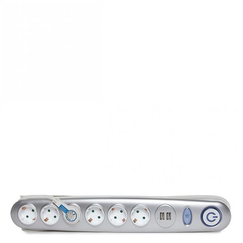 Enchufe 6 X Toma Corriente + Interruptor Luminoso + 2 X Usb Cargador 2100 Ma 5V - IP20 - Blanco/Plata - Imagen 1
