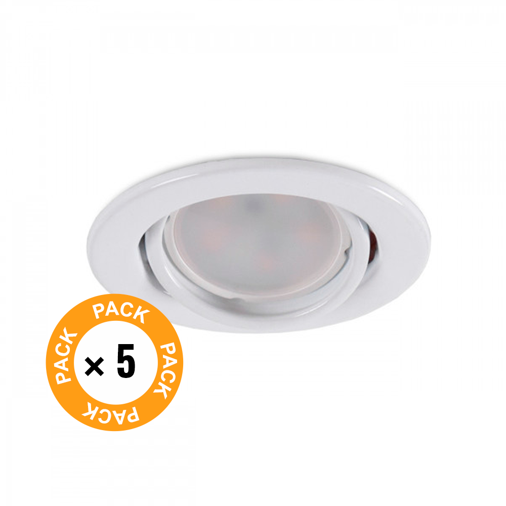 Pack de 5 Bombillas LED GU10 6W 700Lm 6000ºK 40.000H - Aro Downlight Redondo Inclinable "Vepa" Acero 90mm - Blanco - Imagen 2