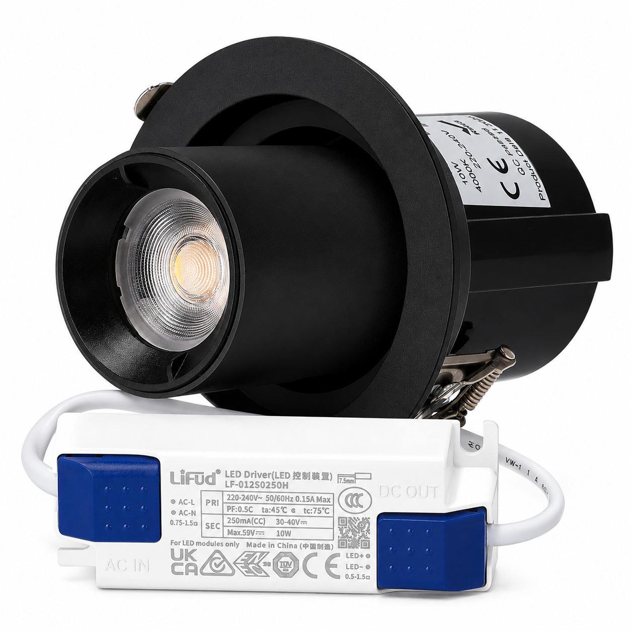Downlight Orientable LED 10W CRI>90 90LM/W 4000ºK Driver Lifud 50.000H Blanco Natural Negro