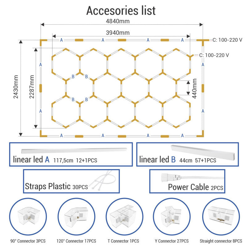 Lámpara LED hexagonal - 6000K - 14 hexágonos 44cm + Rectángulo 500cm - Imagen 4